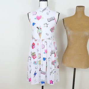 ASOS White Junk Food Graffiti Print Mock Neck Sleeveless Size 4 80's Style Dress
